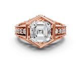 Rose gold Hexagon Bezel Asscher Cut Diamond Milgrain Split Shank Ring_7