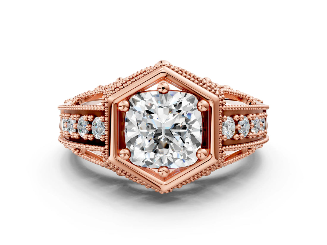 Rose gold Hexagon Bezel Cushion Cut Diamond Milgrain Split Shank Ring_7