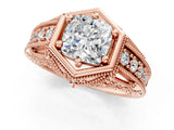 Rose gold Hexagon Bezel Cushion Cut Diamond Milgrain Split Shank Ring_8