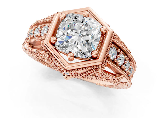 Rose gold Hexagon Bezel Cushion Cut Diamond Milgrain Split Shank Ring