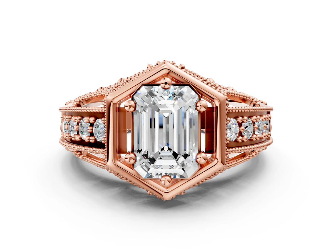 Rose gold Hexagon Bezel Emerald Cut Diamond Milgrain Split Shank Ring_7