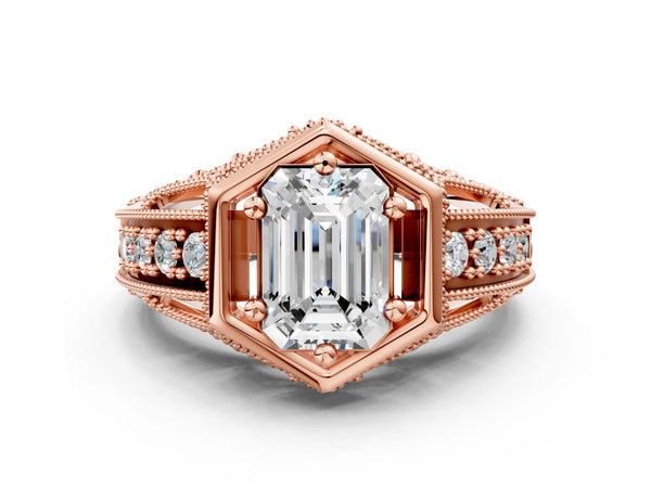 Rose gold Hexagon Bezel Emerald Cut Diamond Milgrain Split Shank Ring
