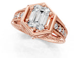 Rose gold Hexagon Bezel Emerald Cut Diamond Milgrain Split Shank Ring_8