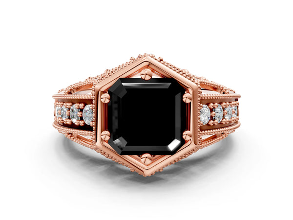 Rose gold Hexagon Bezel Fancy Black Asscher Cut Diamond Milgrain Split Shank Ring