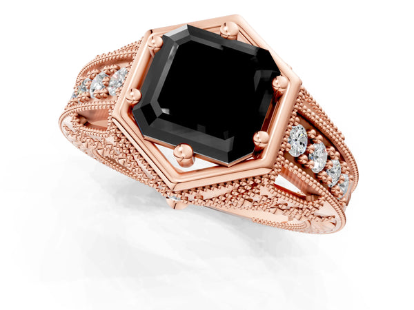 Rose gold Hexagon Bezel Fancy Black Asscher Cut Diamond Milgrain Split Shank Ring