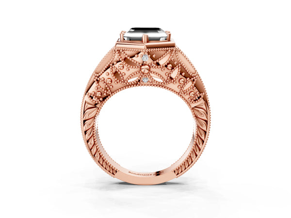 Rose gold Hexagon Bezel Fancy Black Asscher Cut Diamond Milgrain Split Shank Ring