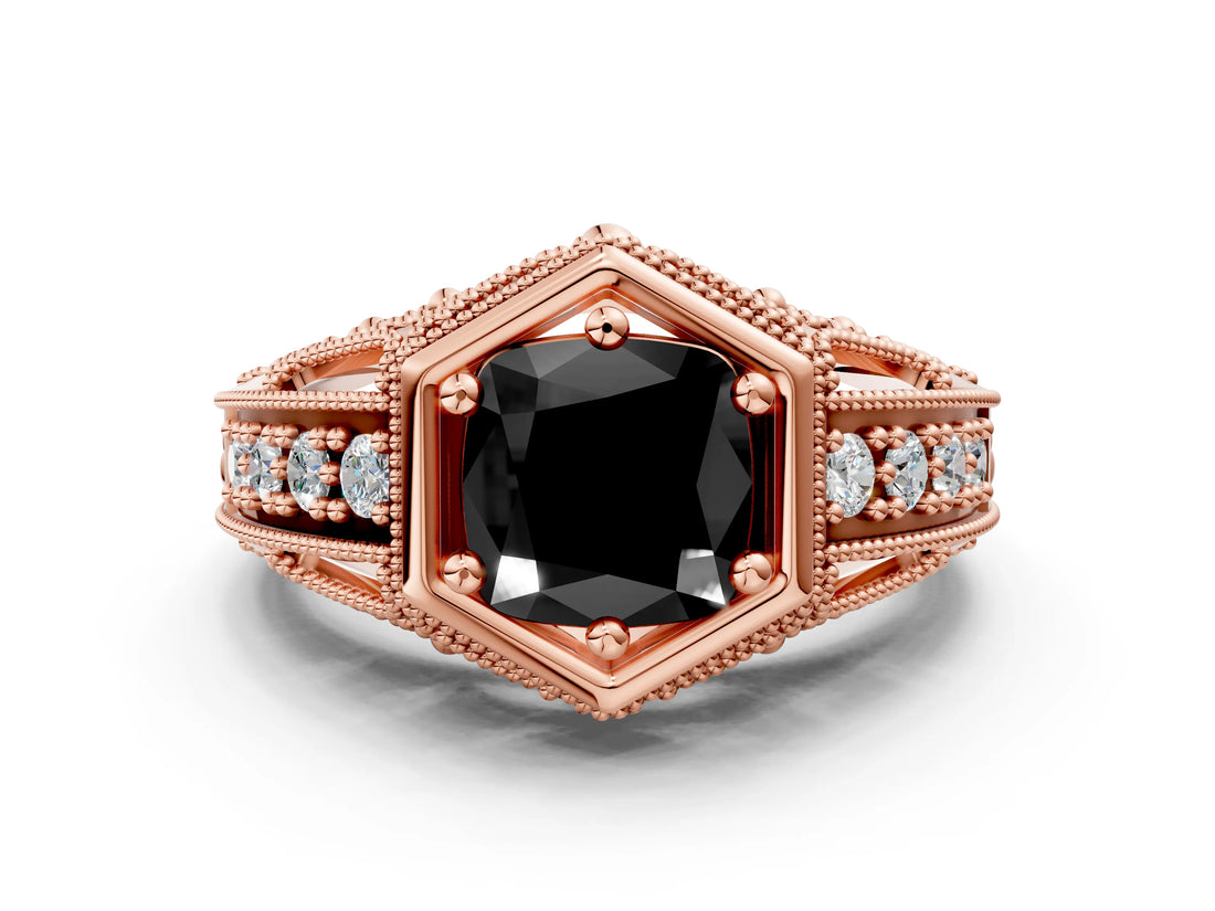 Rose gold Hexagon Bezel Fancy Black Cushion Cut Diamond Milgrain Split Shank Ring