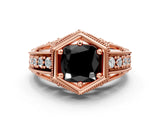 Rose gold Hexagon Bezel Fancy Black Cushion Cut Diamond Milgrain Split Shank Ring