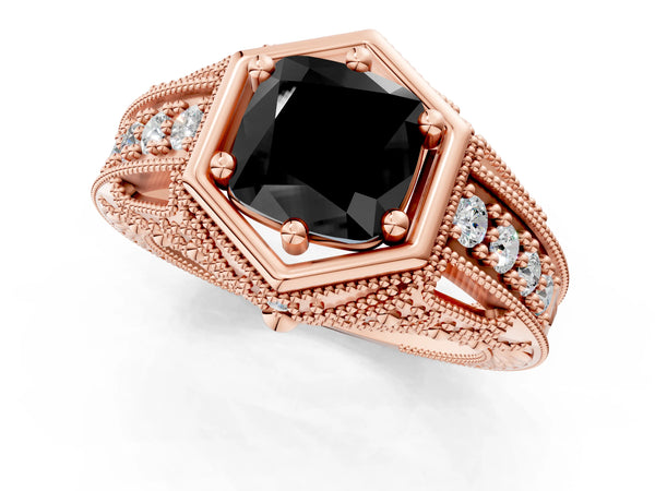 Rose gold Hexagon Bezel Fancy Black Cushion Cut Diamond Milgrain Split Shank Ring