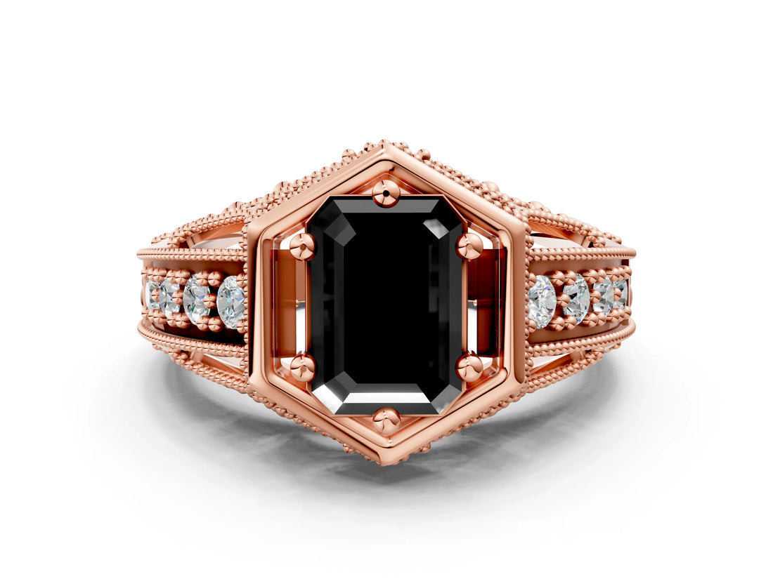 Rose gold Hexagon Bezel Fancy Black Emerald Cut Diamond Milgrain Split Shank Ring