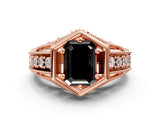 Rose gold Hexagon Bezel Fancy Black Emerald Cut Diamond Milgrain Split Shank Ring