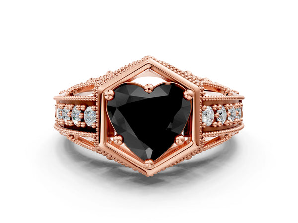 Rose gold Hexagon Bezel Fancy Black Heart Cut Diamond Milgrain Split Shank Ring
