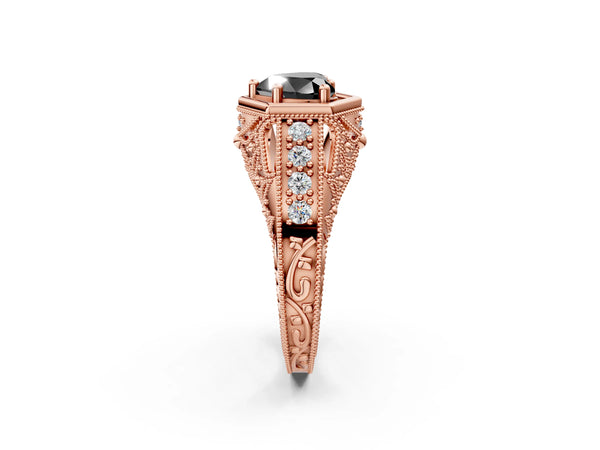 Rose gold Hexagon Bezel Fancy Black Heart Cut Diamond Milgrain Split Shank Ring