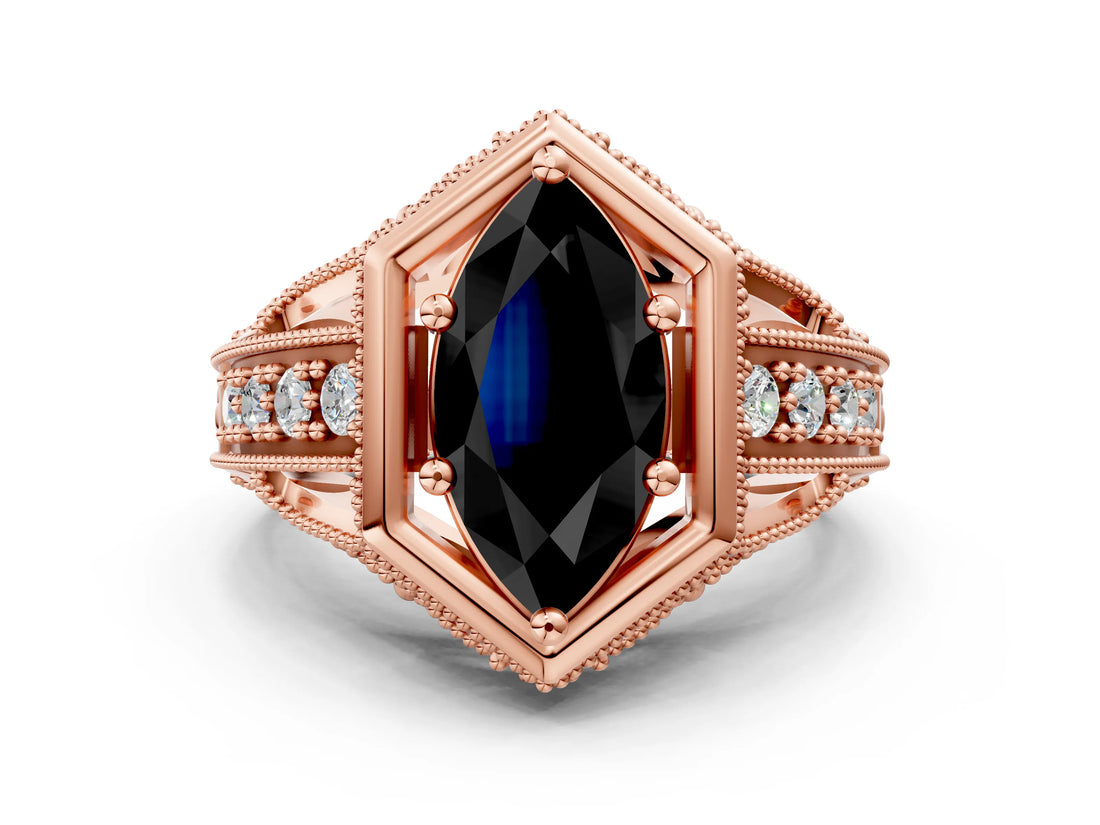 Rose gold Hexagon Bezel Fancy Black Marquise Cut Diamond Milgrain Split Shank Ring