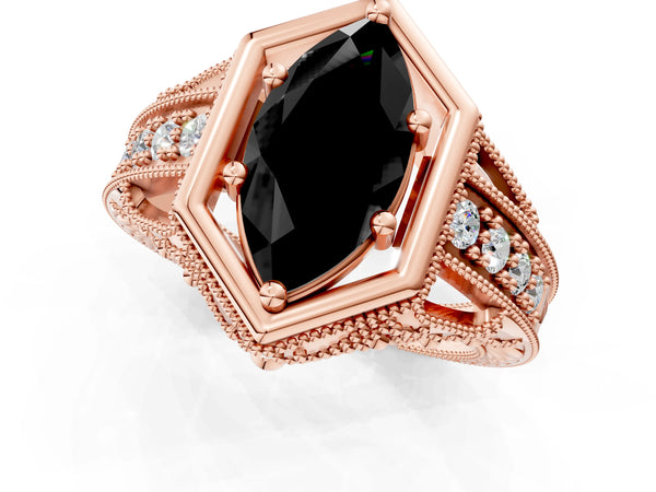 Rose gold Hexagon Bezel Fancy Black Marquise Cut Diamond Milgrain Split Shank Ring