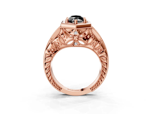 Rose gold Hexagon Bezel Fancy Black Marquise Cut Diamond Milgrain Split Shank Ring