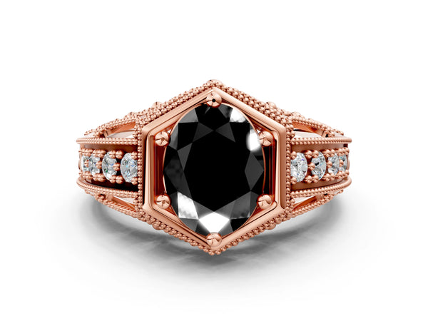Rose gold Hexagon Bezel Fancy Black Oval Cut Diamond Milgrain Split Shank Ring