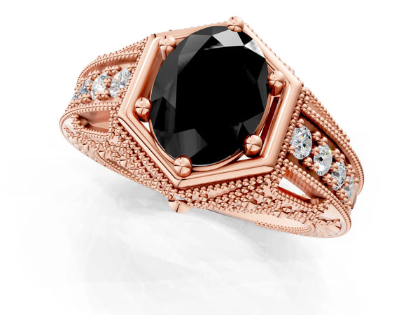 Rose gold Hexagon Bezel Fancy Black Oval Cut Diamond Milgrain Split Shank Ring