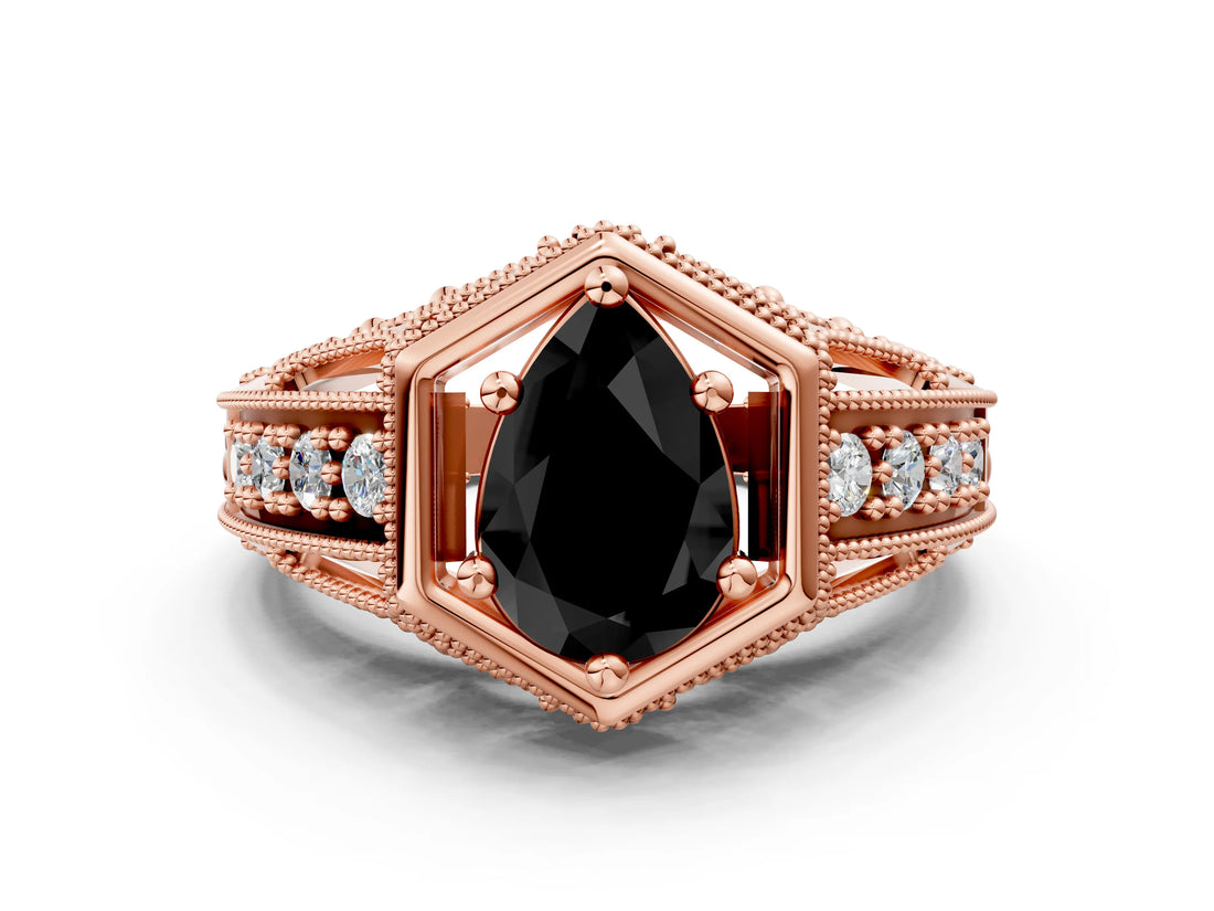 Rose gold Hexagon Bezel Fancy Black Pear Cut Diamond Milgrain Split Shank Ring