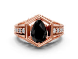 Rose gold Hexagon Bezel Fancy Black Pear Cut Diamond Milgrain Split Shank Ring