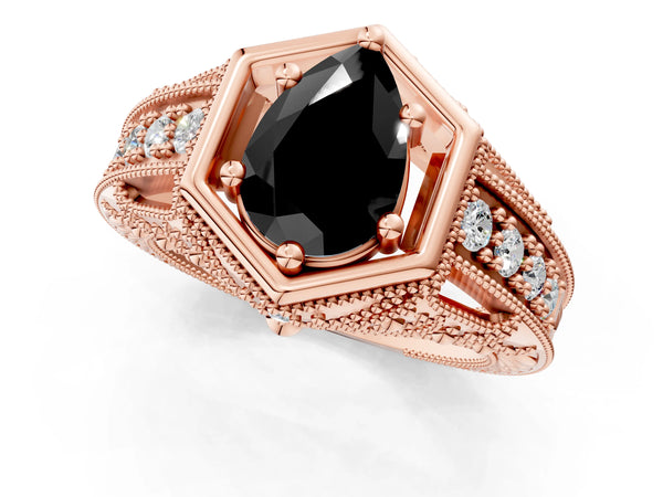 Rose gold Hexagon Bezel Fancy Black Pear Cut Diamond Milgrain Split Shank Ring