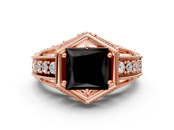 Rose gold Hexagon Bezel Fancy Black Princess Cut Diamond Milgrain Split Shank Ring