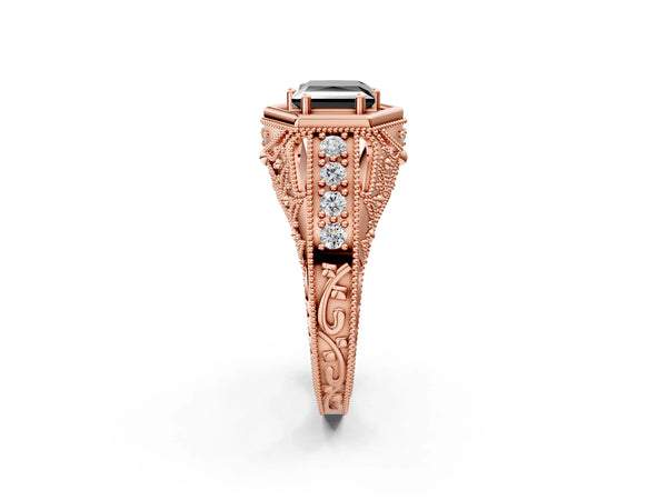 Rose gold Hexagon Bezel Fancy Black Princess Cut Diamond Milgrain Split Shank Ring