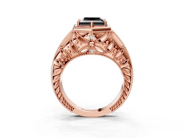 Rose gold Hexagon Bezel Fancy Black Princess Cut Diamond Milgrain Split Shank Ring