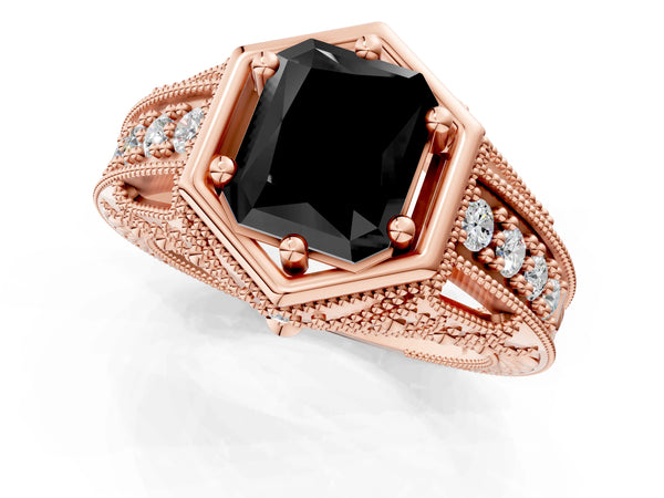 Rose gold Hexagon Bezel Fancy Black Radiant Cut Diamond Milgrain Split Shank Ring
