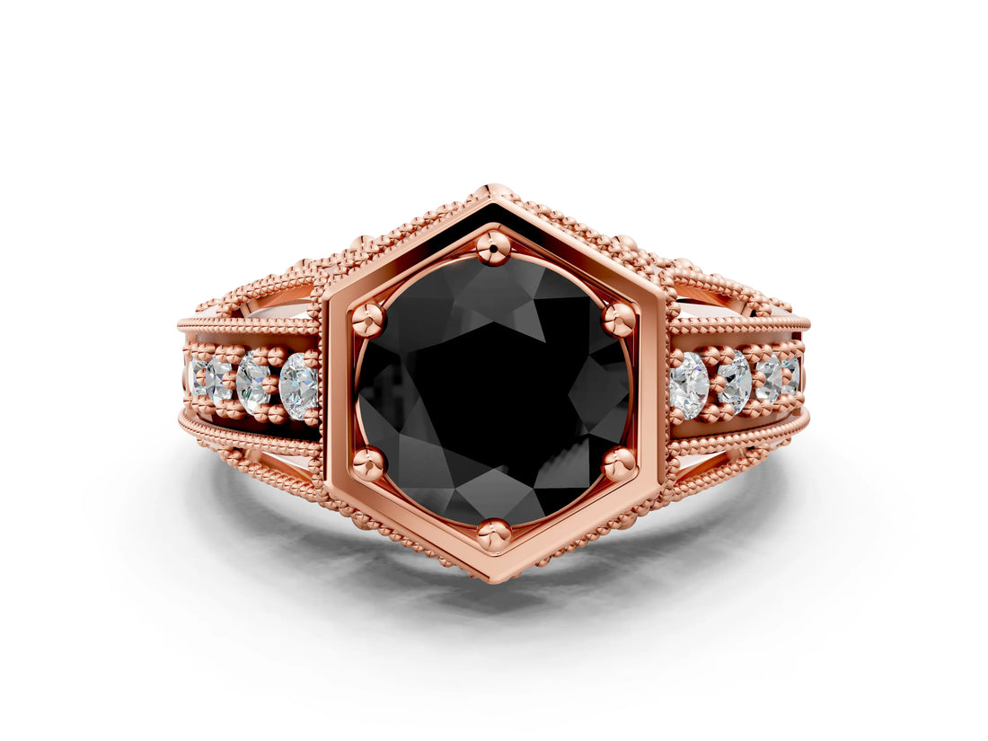 Rose gold Hexagon Bezel Fancy Black Round Cut Diamond Milgrain Split Shank Ring