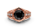 Rose gold Hexagon Bezel Fancy Black Round Cut Diamond Milgrain Split Shank Ring