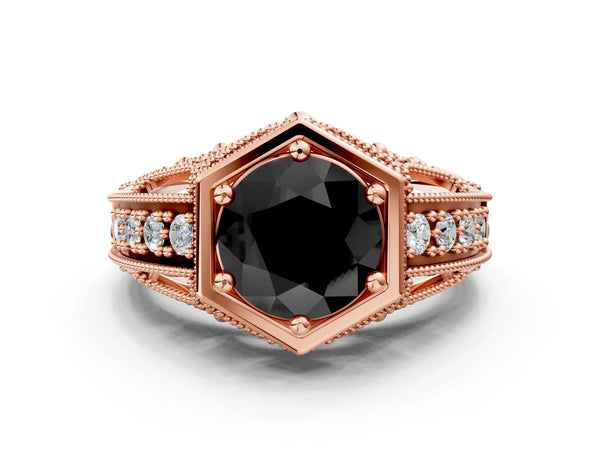 Rose gold Hexagon Bezel Fancy Black Round Cut Diamond Milgrain Split Shank Ring