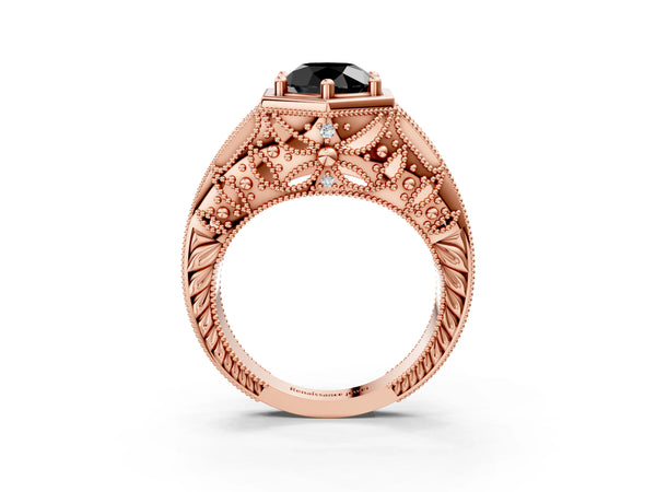 Rose gold Hexagon Bezel Fancy Black Round Cut Diamond Milgrain Split Shank Ring