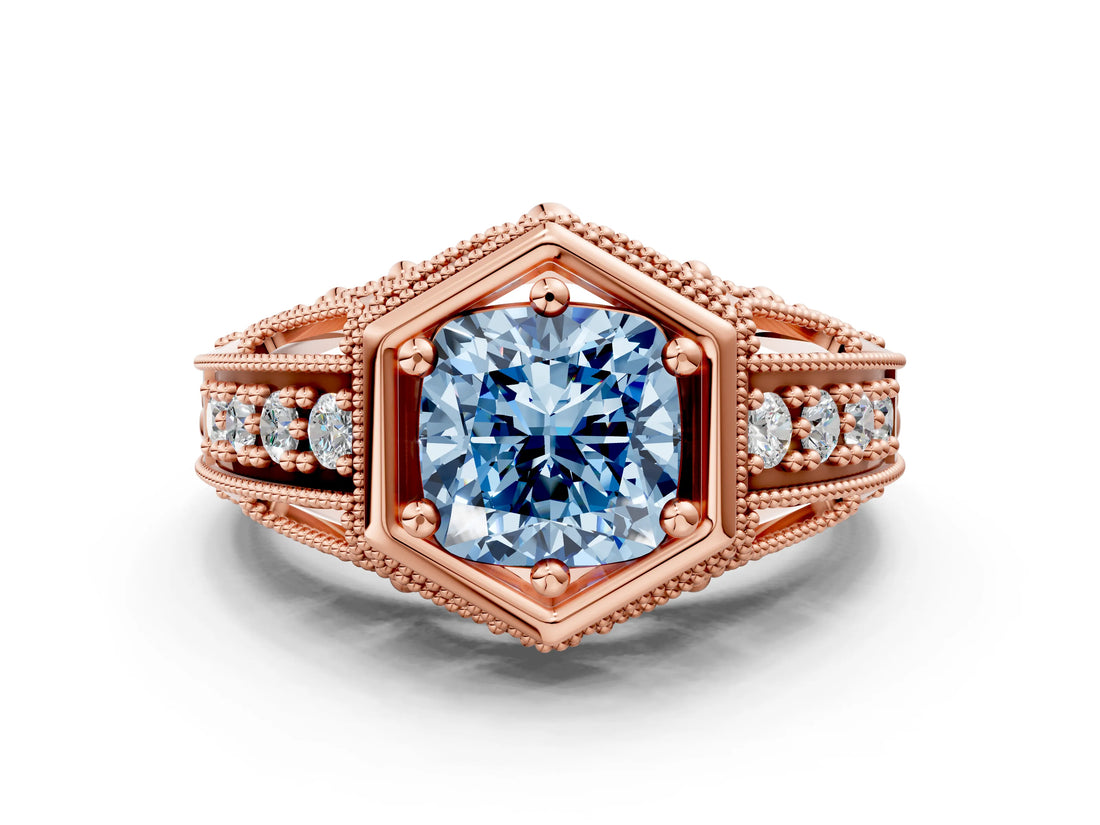 Rose gold Hexagon Bezel Fancy Blue Cushion Cut Diamond Milgrain Split Shank Ring