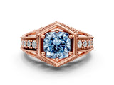 Rose gold Hexagon Bezel Fancy Blue Cushion Cut Diamond Milgrain Split Shank Ring