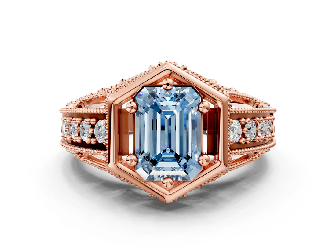 Rose gold Hexagon Bezel Fancy Blue Emerald Cut Diamond Milgrain Split Shank Ring