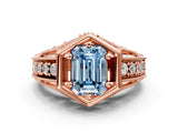 Rose gold Hexagon Bezel Fancy Blue Emerald Cut Diamond Milgrain Split Shank Ring