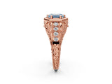 Rose gold Hexagon Bezel Fancy Blue Emerald Cut Diamond Milgrain Split Shank Ring_2
