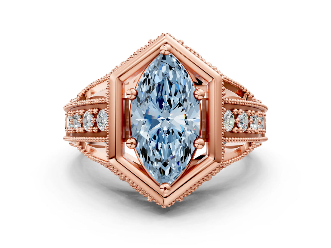Rose gold Hexagon Bezel Fancy Blue Marquise Cut Diamond Milgrain Split Shank Ring