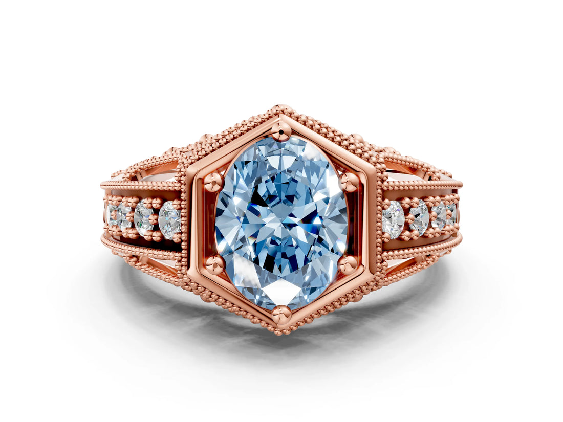 Rose gold Hexagon Bezel Fancy Blue Oval Cut Diamond Milgrain Split Shank Ring