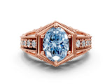 Rose gold Hexagon Bezel Fancy Blue Oval Cut Diamond Milgrain Split Shank Ring