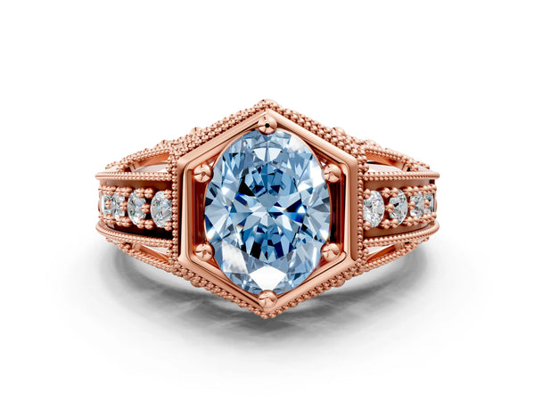 Rose gold Hexagon Bezel Fancy Blue Oval Cut Diamond Milgrain Split Shank Ring