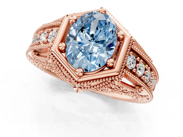 Rose gold Hexagon Bezel Fancy Blue Oval Cut Diamond Milgrain Split Shank Ring