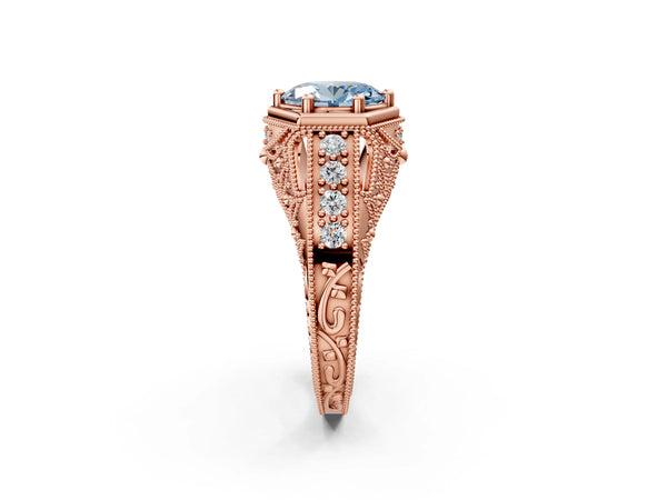 Rose gold Hexagon Bezel Fancy Blue Oval Cut Diamond Milgrain Split Shank Ring