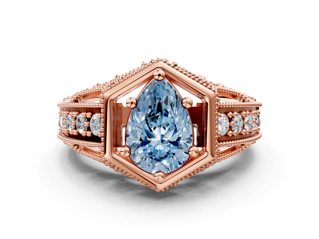 Rose gold Hexagon Bezel Fancy Blue Pear Cut Diamond Milgrain Split Shank Ring