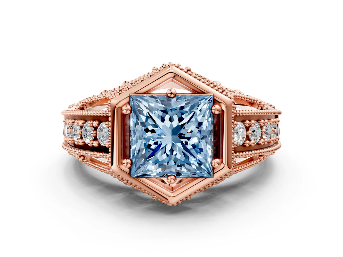 Rose gold Hexagon Bezel Fancy Blue Princess Cut Diamond Milgrain Split Shank Ring_24