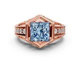 Rose gold Hexagon Bezel Fancy Blue Princess Cut Diamond Milgrain Split Shank Ring_24