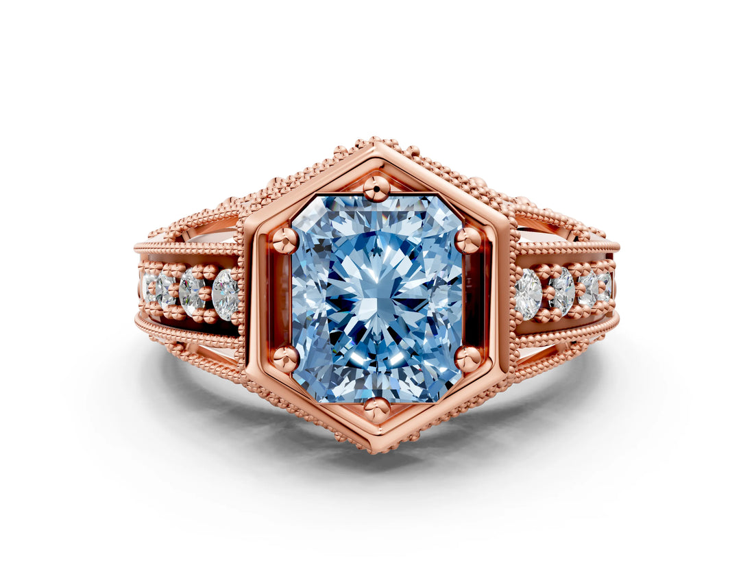 Rose gold Hexagon Bezel Fancy Blue Radiant Cut Diamond Milgrain Split Shank Ring