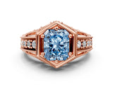 Rose gold Hexagon Bezel Fancy Blue Radiant Cut Diamond Milgrain Split Shank Ring