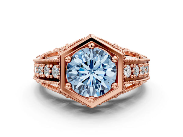Rose gold Hexagon Bezel Fancy Blue Round Cut Diamond Milgrain Split Shank Ring